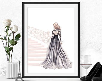 Fashion illustration print, Fashion art, girl art, girls room art, fashion print, vanity art, watercolor, girly art - The Golden Staircase