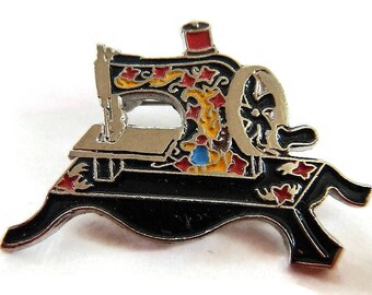 Vintage Clotilde #3 Sewing Machine Lapel Pin or Tie Tack - seamstress, collector, hat pin, loves to sew, crafter, black, gold tone, metal