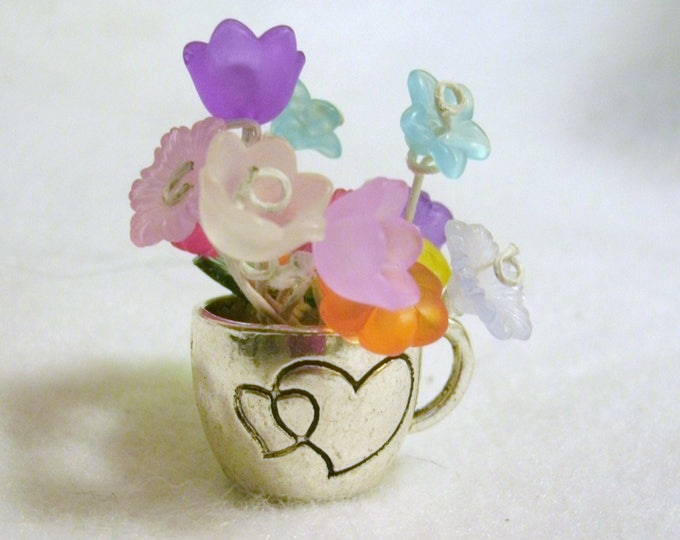 Miniature Cup O' Flowers-Dollhouse metal cups, flowers, tiny pewter cup no 2 the same, hearts on cup, mini home decor, made to order, OOAK