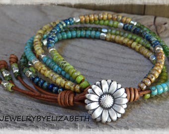Beaded Leather Wrap/ Boho Seed Bead Bracelet/ Leather Wrap Bracelet/ Bohemian Leather And Seed Bead Wrap Bracelet/ Multi-Color.