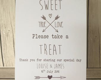 Love is sweet please take a treat. Rustic/Vintage wedding weetie sign, sweet buffet, candy cart. Personalised.