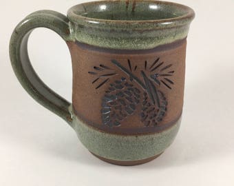 Mug, Ceramic Coffee Mug, Pottery Pinecone Mug, Lodge Look Mug, Handmade Mug, Unique Stoneware Cup