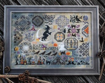 LILA'S STUDIO "Halloween Quaker" | Counted Cross Stitch Pattern | Autumn, Witch, Crows, Owls, Spiders, Motifs