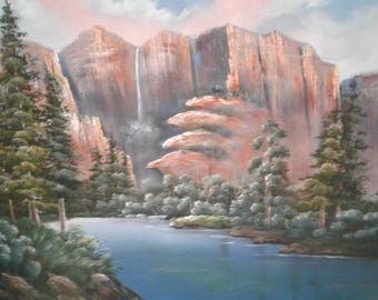 Large Oil On Canvas/Grand Tetons/Signed Clara/Trees/ Waterfall/Mountains/River/Pond