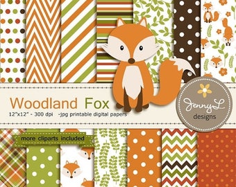 50% OFF Fox Digital Paper and Clipart, Fall Woodland Animal, leaves for Birthday, wedding, School, Scrapbooking Paper Party Theme