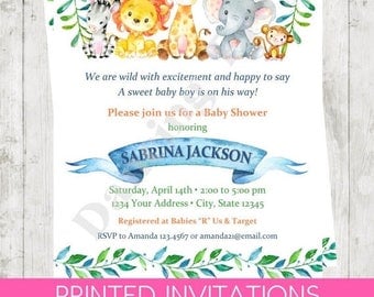 SALE Custom Printed 4.25X5.5" Watercolor Wild Animals, Jungle, Safari, Boy, Girl, or Gender Neutral Baby Shower Invitations, envelopes inclu