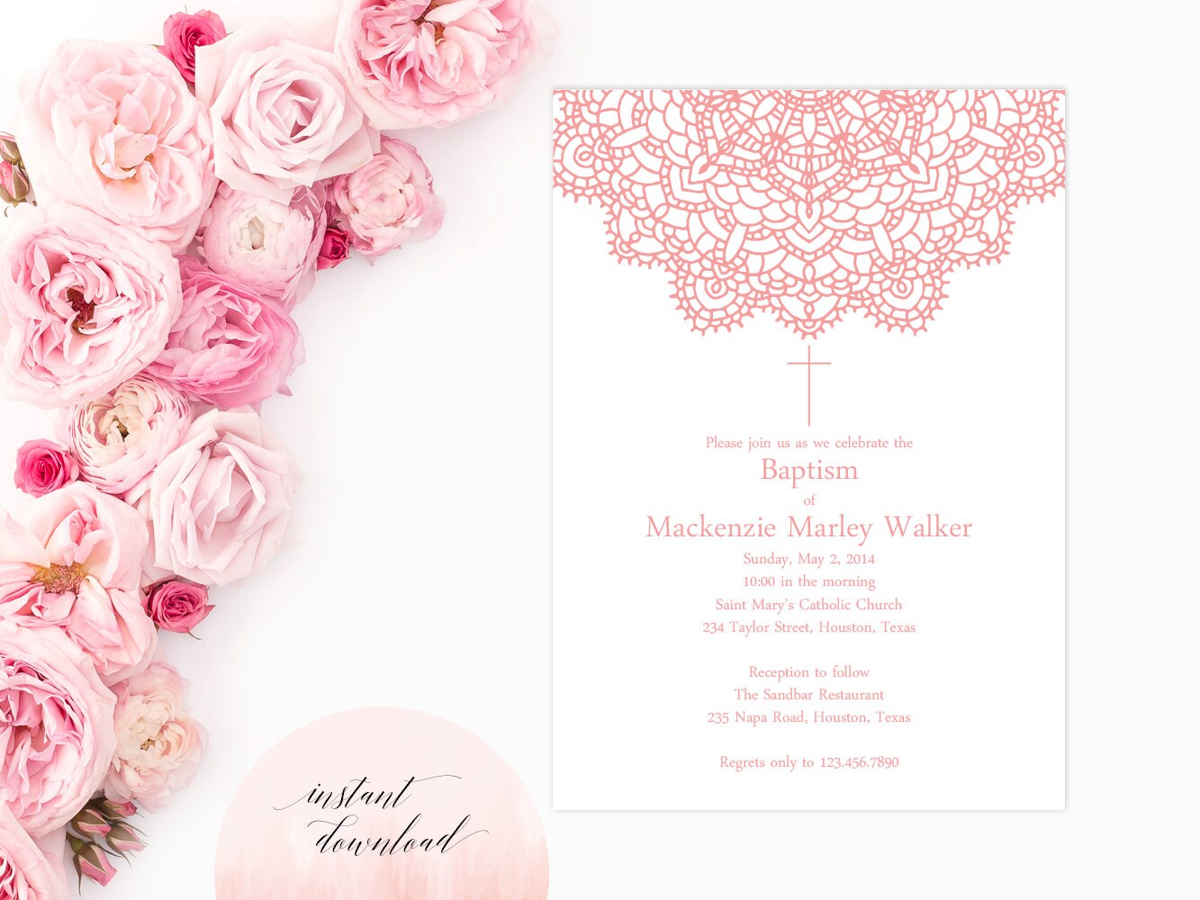 Printable Instant Download Elegant Baptism Invitation
