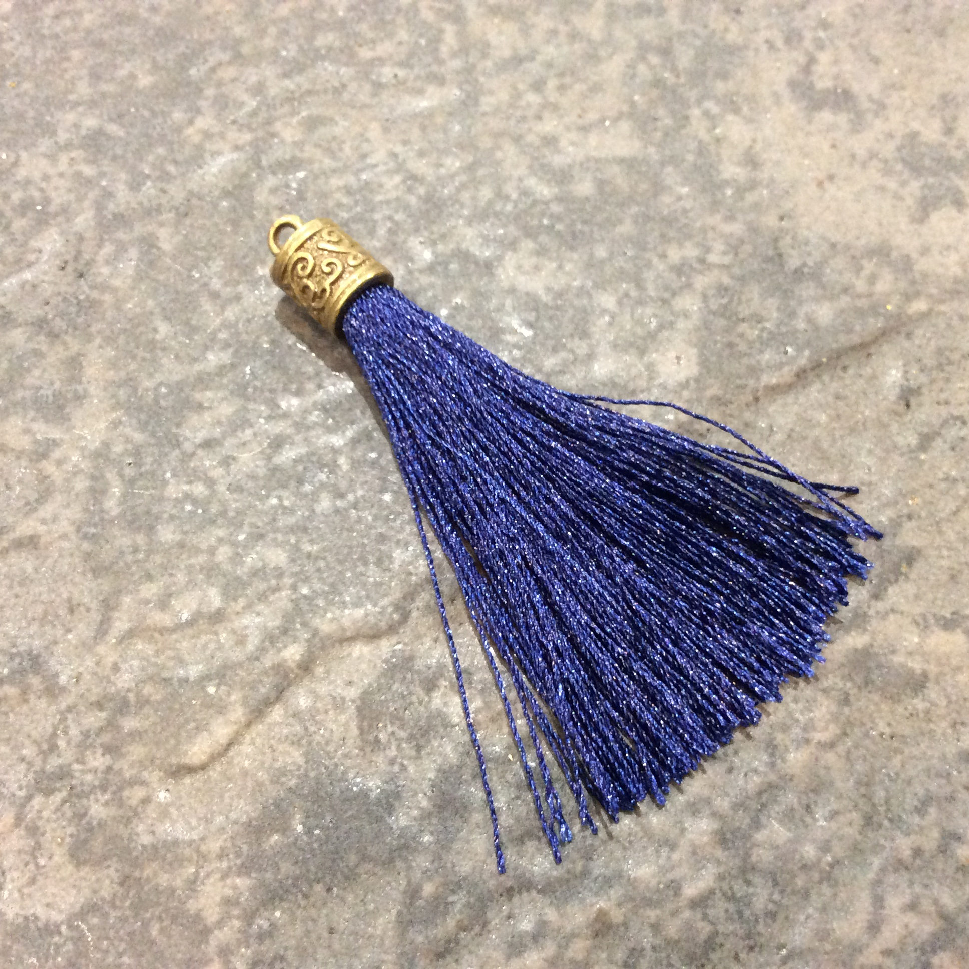 Navy Blue Silk Tassels With Antique Bronze Filigree Caps 2380