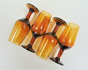 Amber Glasses Set of Four Vintage Hand Made Sherry Port Spirit Drinking Glasses Retro Home Bar Ware