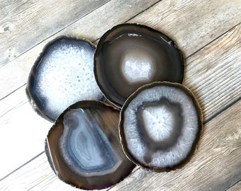 Large Natural Agate Coasters Natural Geode Coasters Set of Four - Earth Tone Brown Agate Slice Crystal Coasters Rock Coasters Stone Coasters