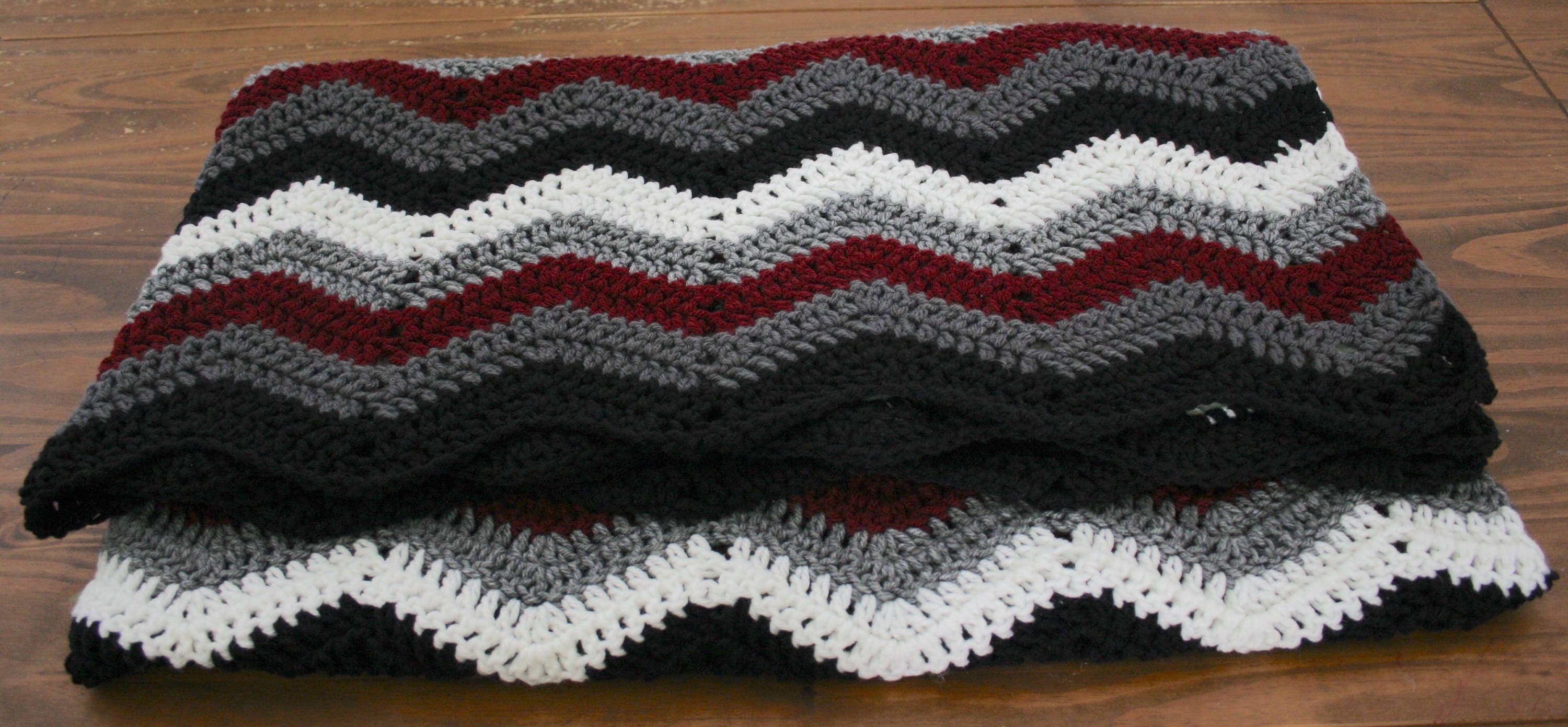 Black Grey White and Burgundy Crocheted Blanket