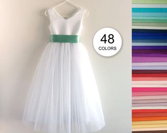 White flower girl dress, V-neck Communion Graduation Wedding Bridesmaid Baptism Birthday Tulle Satin Floor Length Maxi Long, 48 sash colors