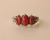 Orange Opal Ring Sterling Silver Rare Unique 1970s 70s Red Three Stones Band Statement Gift Present Size 7 or O