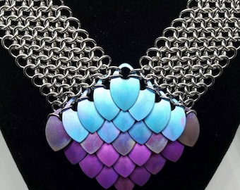 Mermaid Scale Chainmaille Necklace in Stainless Steel with Anodized Titanium Scales, One of a Kind, OOAK, Dragon Scale