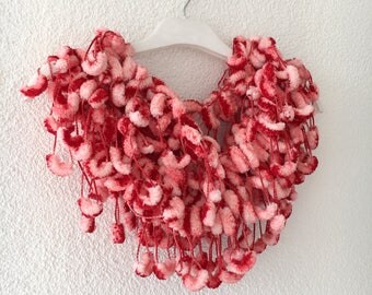 Pom pom Scarf, Mulberry scarf, cocoon scarf, Red Scarf, Yellow Crochet Necklace, Puffy Bubble Scarf, gift for her, Fashion Accessories
