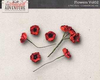 Poppies, Paper Flowers, Commercial Use OK, Digital Download, Digital Scrapbooking Elements, Flowers for Summer Kits, Red, Red Flowers