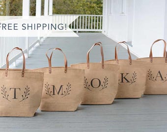 Set of Personalized Bridesmaid Tote Bags | Monogrammed Bridesmaid Gift | Rustic Burlap Tote Bags | Wedding Bridal Party Totes | Set of 8
