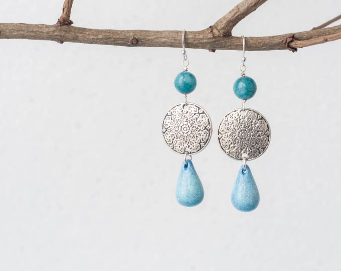50% OFF Ocean blue earrings, Blue stone earrings, Mandala earrings, Blue color earrings, Silver disk earrings, Light blue stone earrings