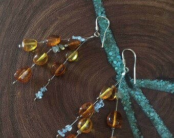 Amber earrings, amber and aquamarine sterling silver earrings, baltic amber earrings