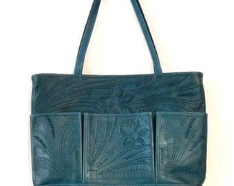 J L Saldivar hand tooled green leather tote