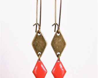 Brass diamond shape and enamelled diamond stud earrings orange