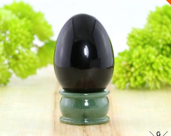 Obsidian Jade 63.7g. Genuine Rainbow Mayan Obsidian Gemstone w/ Carved Natural Jade Stand Massage Healing Crystal Peacock feather Yoni egg