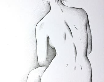 ORIGINAL artistic nude pencil charcoal drawing, women figure, girl, Illustration