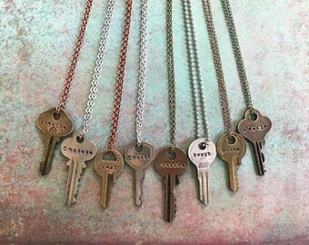 Key Necklace | Many Styles & Words, Repurposed Key, Vintage, Handstamped, Custom Made Necklace