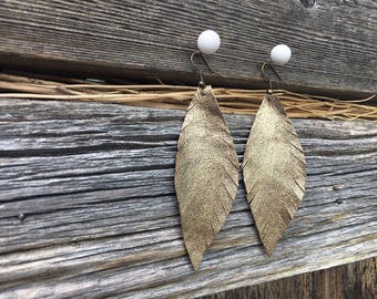 Gold Leather Earrings. Upcycled metallic leather earrings. Repurposed leather. Boho jewelry. Bohemian earrings. Feather Dangle Avian Designs