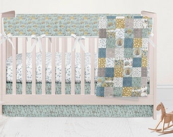 Bears Crib Bedding Set- Woodland Nursery Decor- Fitted Crib Sheet - Rustic Crib Skirt - Pink Bumpers- Rail Guard Cover- Minky Baby Blanket