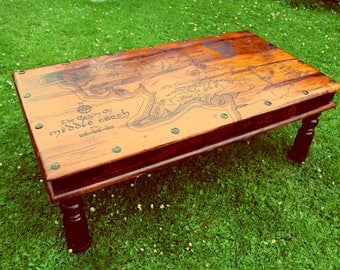 Lord of the Rings Tolkien Middle Earth Map Handmade Large Rustic Coffee Table Wood Burned Pyrography LOTR Map Wood Table Home Wedding Gift