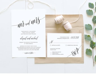 Wedding Invitation Template, Instant Download, Rustic Modern Wedding Invite Set, RSVP, Info Card, DIY Printable, Editable Template #020A