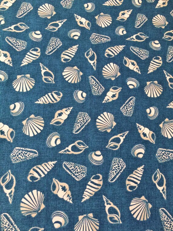 Seashell Fabric Blue and White Fabric Ocean Shells Nautical Print Beach Decor Sea