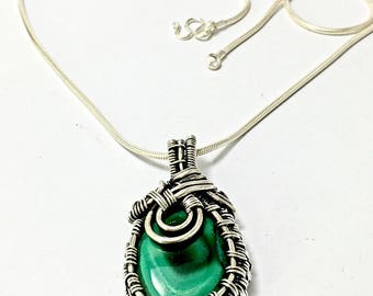 malchaite pendant, silver pendant, wire wrapped pendant, malachite necklace, silver wire jewely, silver necklace, gift for wife, malchite