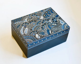 Silver blue jewelry box Wooden box Acrylic hand painted Mehndi Paisley Anniversary gift Wooden Keepsake Box Gift for wife Girls room decor