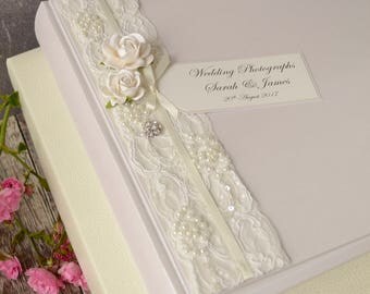 Large Personalised Wedding Photograph Album. 50 pages / 100 Sides. Vintage Rose, Lace & Jewel Wedding Photo Album. Wedding Gift, Keepsake.