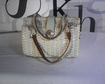 Vintage John Hort White Wicker Basket Style Purse with Leather Straps and Latch Made in Hong Kong FREE SHIPPING