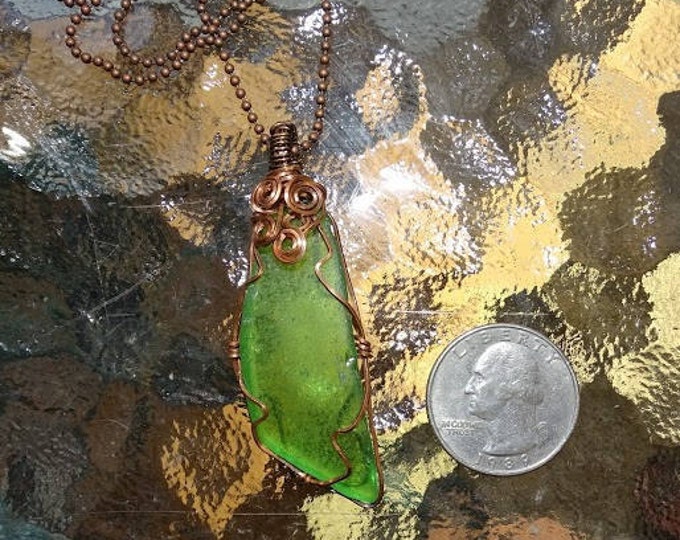 Large Green Authentic Lake Michigan Beach Glass - Wire Wrapped copper wire - For Her - Beautiful Necklace