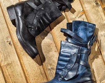 Vintage style Womens fall Genuine leather unique design bike combat ankle boots Casual Flats Booties Brushed retro style motorcycle boots