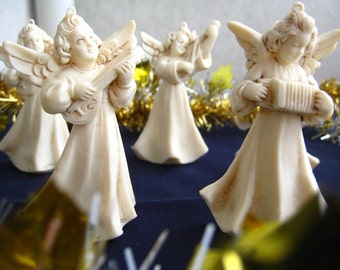 Vintage Italian ANGEL Musician Figurines - Set of Six Festive Christmas Tree Decorations - Cherubs playing Musical Instruments - Mid Century