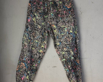 Vintage 80s 90s Neon Splatter Paint Pattern over Acid Wash, Large, All Around the World MC HAMMER PANTS