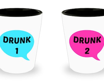Set of 2 Unique Shot Glasses, Drunk 1 and 2 / Novelty Gift for Him - Her / A Original Present for Father Day or Bithday / 1.5OZ Ceramic