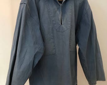 French nautical blue smock, N2 Size XXL, Le Glazik work wear, kabigs breton peacoat bleu de travail chore coat marine-wear Sanfor sailing