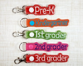 Preschool, Kindergarten, 1st Grade, 2nd Grade, 3rd Grade, Keychains,Embroidered, Snap Tabs, Elementary School, Backpack Tags, Back To School