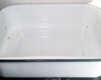 Large White and Black Trimmed Farmhouse Kitchen Enamelware Tub or Basin/Shabby Chic Kitchen Refrigerator Tub/Extra Large Rectangular Basin