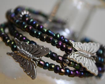 Butterfly Bliss Memory Wire Bangle Bracelet Coil Wrap Multicolor Design Handmade