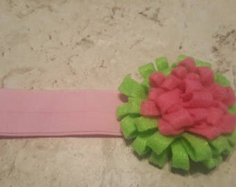 Pink and Green Felt Flower Elastic Headband