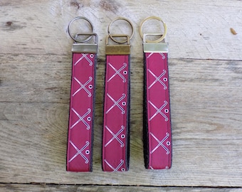 Key fob, keychain, key chain, wristlet, split ring, trendy, keys, lanyard, sports, field hockey, athlete maroon grosgrain ribbon