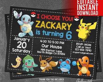 Pokemon Invitation Instant Download, Pokemon Birthday Invitation, Pokemon Invites, Pokemon Thank You Tags, Pokemon Editable Invitation