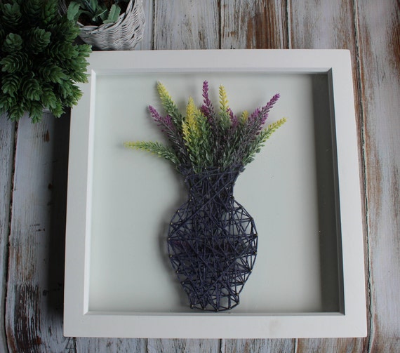 String Art Vase with Flowers Included in a White Box Frame.